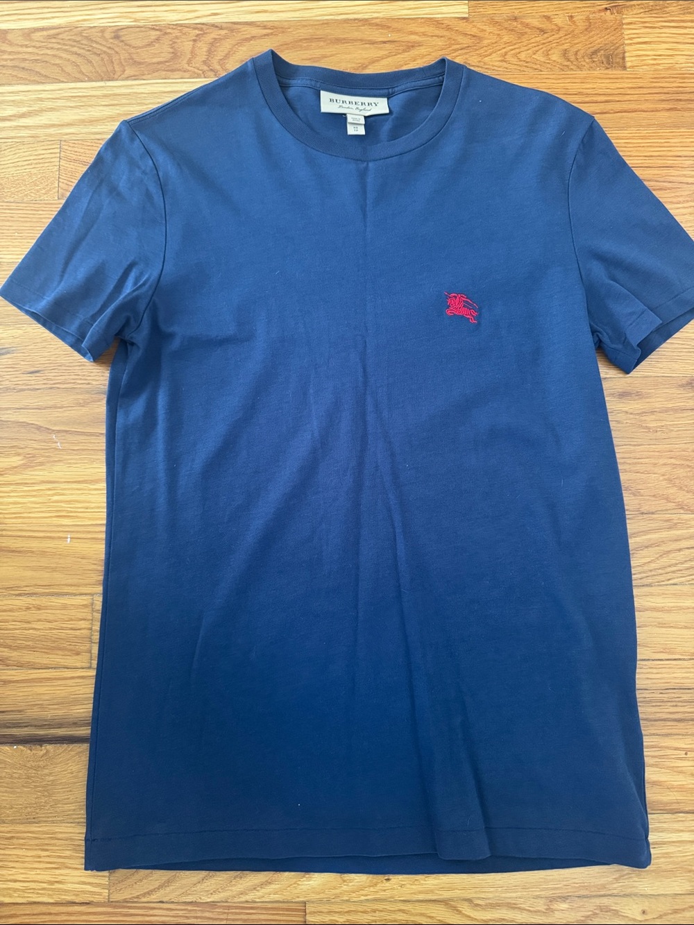 Burberry Navy Short Sleeve Crewneck Tee with Red Embroidered Logo